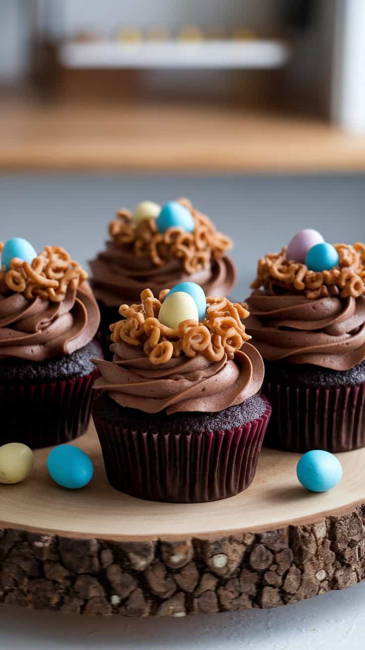 Cupcakes decorated to look like nests with chocolate frosting and colorful candy eggs.