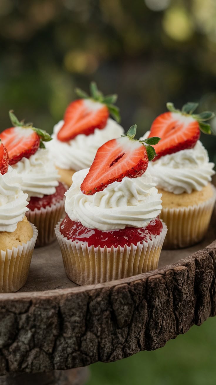 Delicious strawberry shortcake cupcakes topped with whipped cream and fresh strawberries
