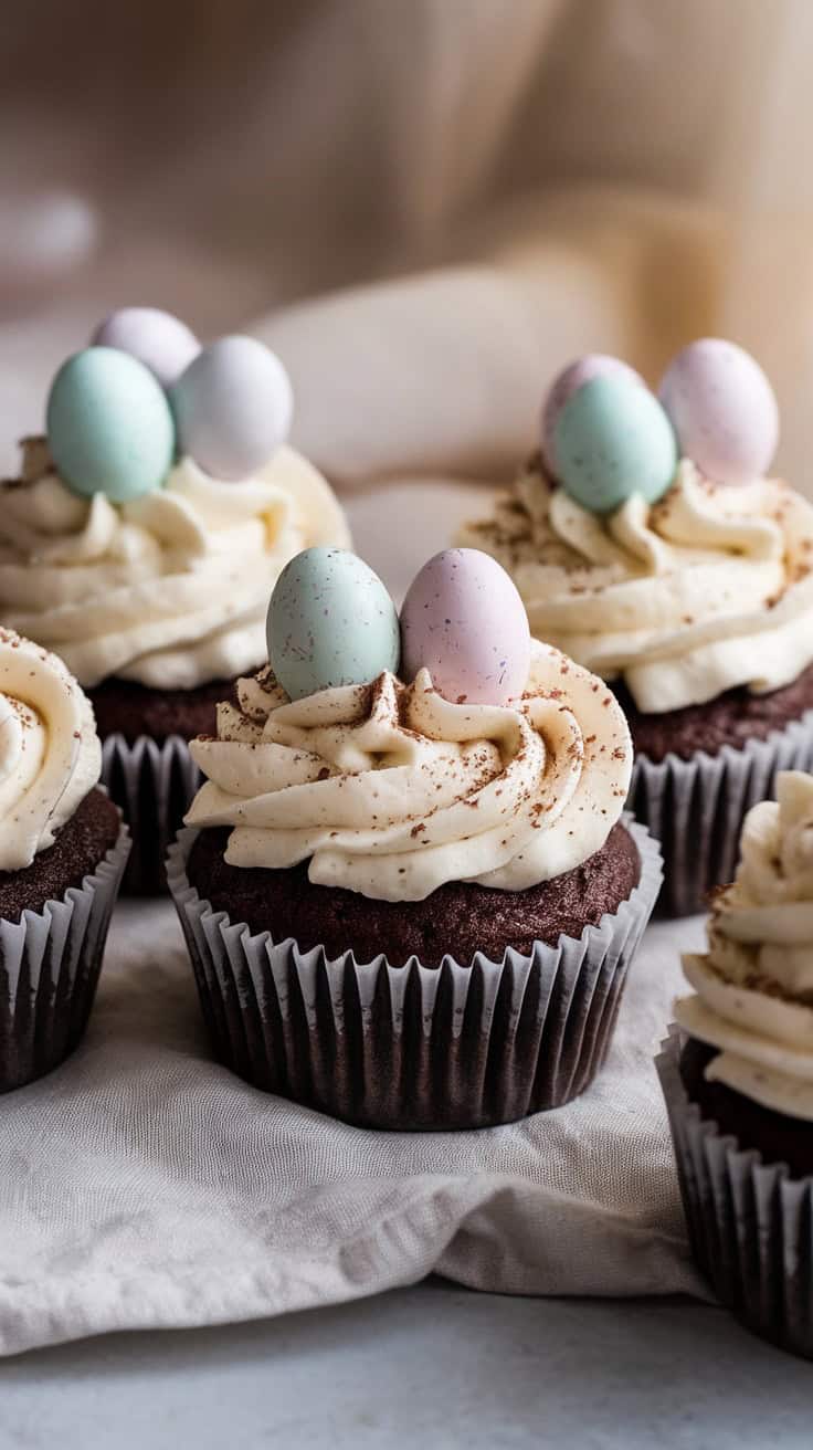 Delicious speckled egg malt cupcakes topped with creamy frosting and colorful mini eggs