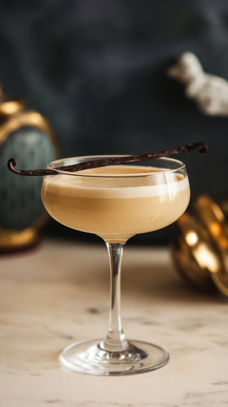 A glass of gingerbread eggnog topped with a gingerbread cookie and star anise, surrounded by gingerbread houses and pine trees.