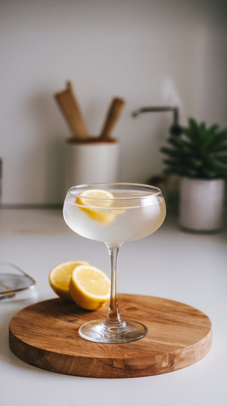 A Meyer Lemon Drop Martini in a glass, garnished with a lemon slice, on a wooden cutting board with fresh lemon halves beside it.