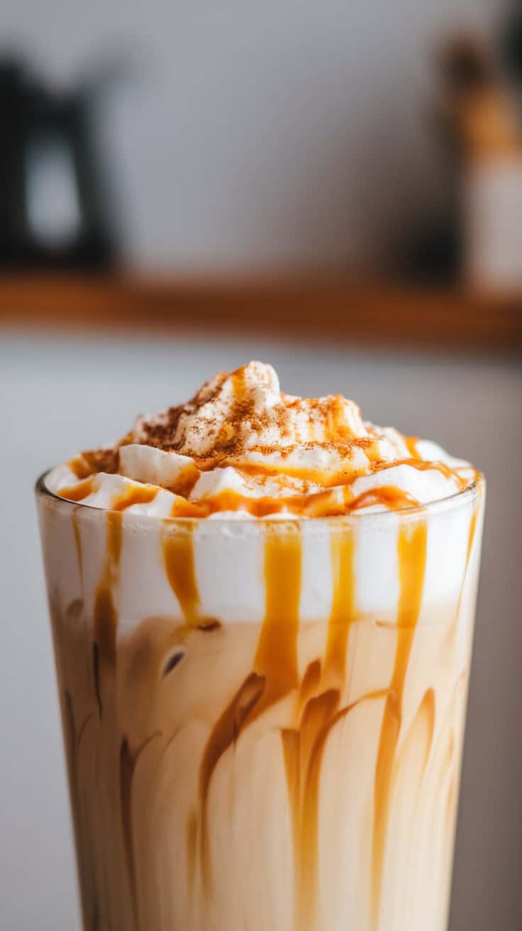 A close-up of an iced caramel latte topped with whipped cream and caramel drizzle.