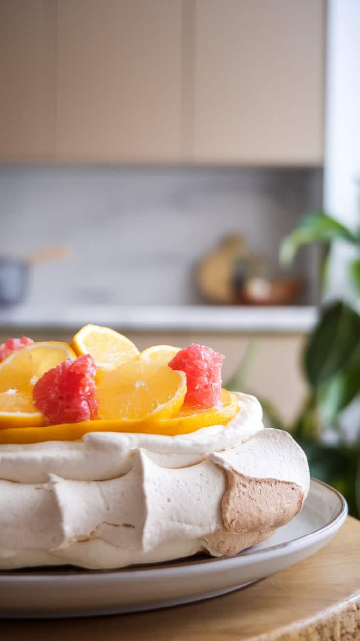 A close-up of a pavlova topped with Meyer lemon curd and citrus fruits in a kitchen setting.