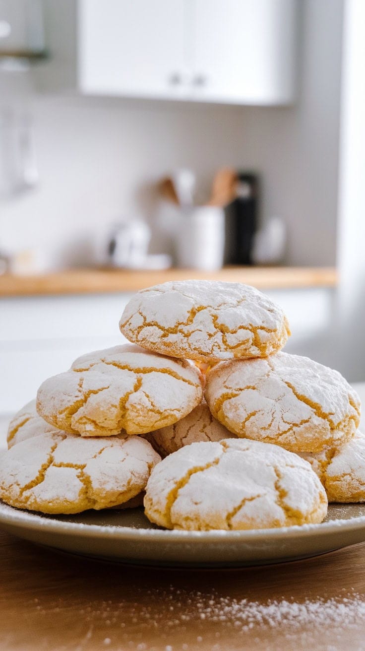 Plate of Meyer lemon crinkle cookies dusted with powdered sugar