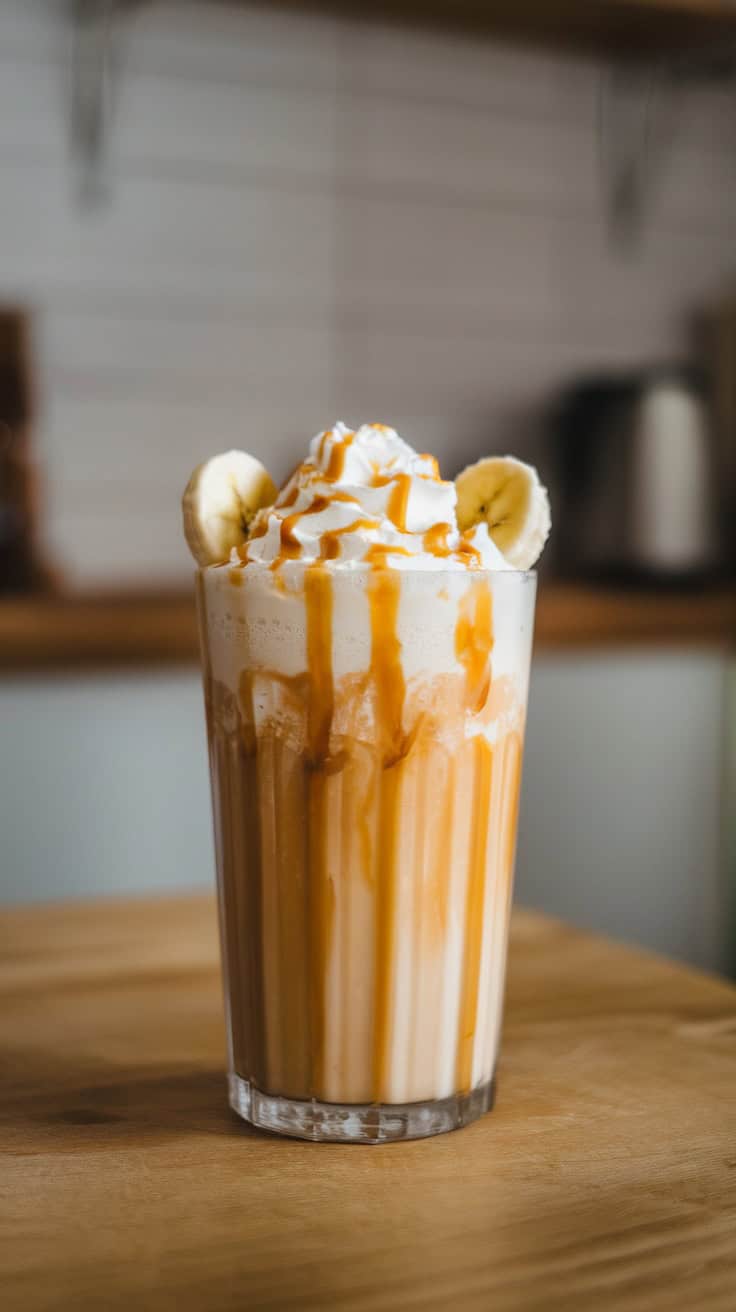 A refreshing Banana Caramel Frappe topped with whipped cream and caramel drizzle.