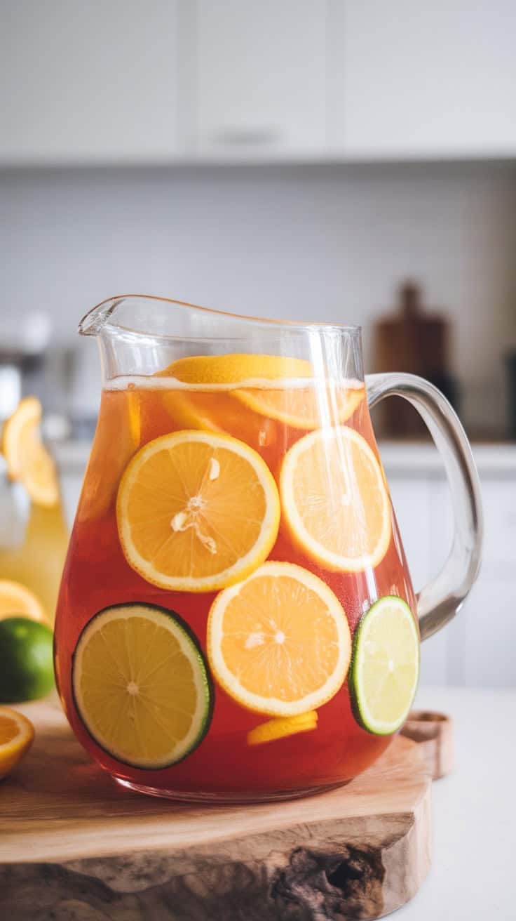 A pitcher of Meyer lemon sangria filled with lemon and lime slices.