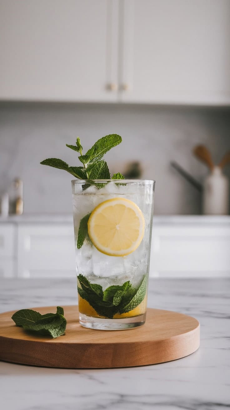 A glass of Meyer Lemon Mojito with ice, mint leaves, and a lemon slice on a wooden board
