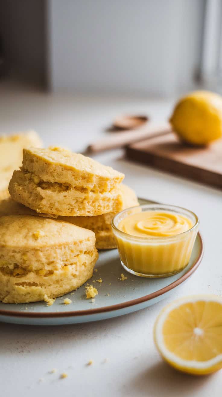 Plate of fluffy Meyer lemon scones with lemon curd and a half lemon on the side.