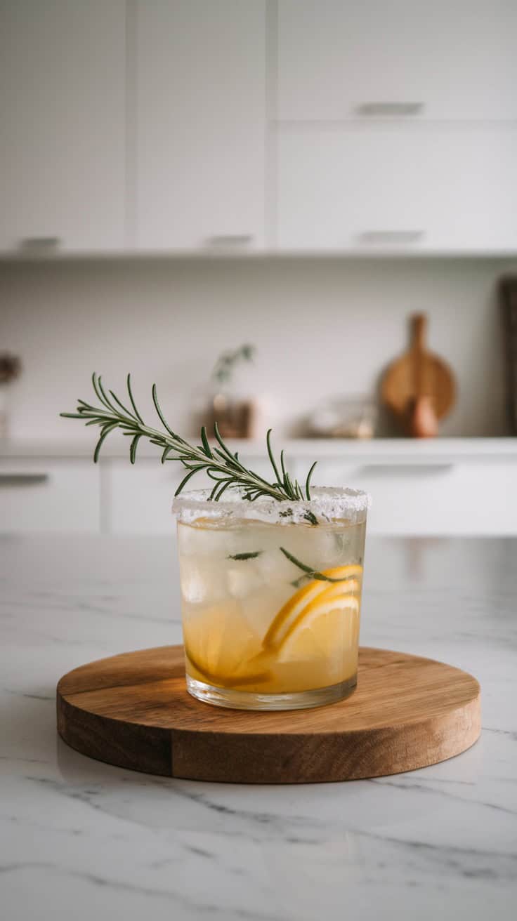 Meyer Lemon Margarita garnished with rosemary and lemons on a wooden board