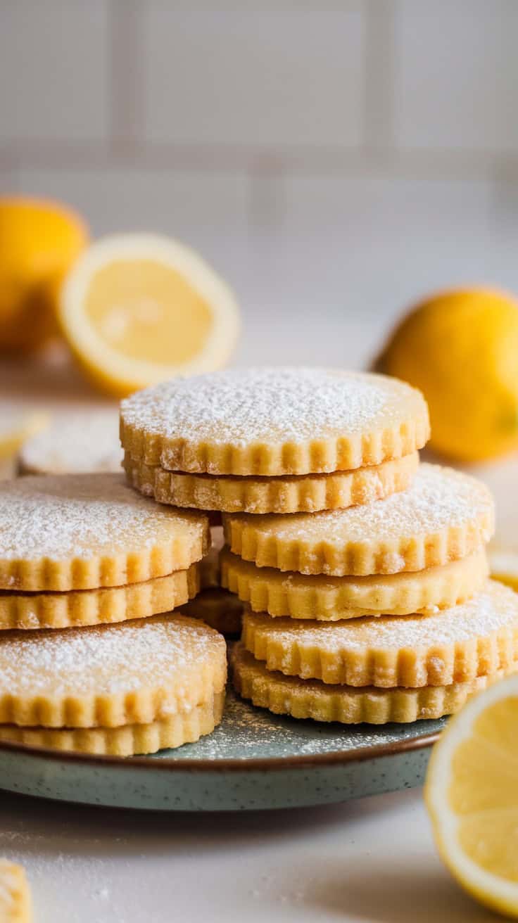 Plate of Meyer lemon shortbread cookies dusted with powdered sugar, surrounded by whole lemons.