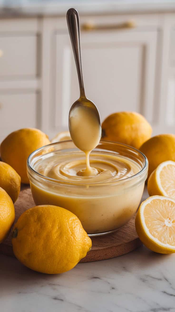 A bowl of creamy Meyer lemon curd surrounded by fresh lemons