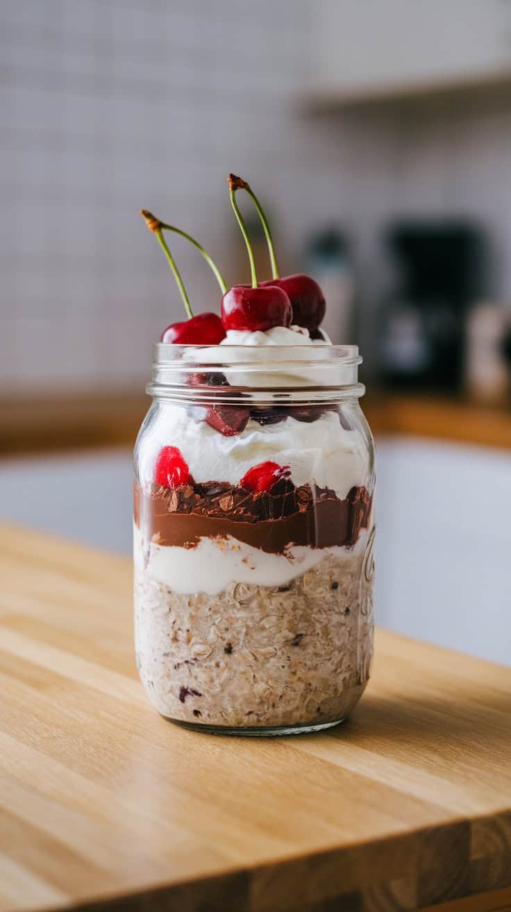 Jar of Black Forest Cake Inspired Overnight Oats with cherries on top