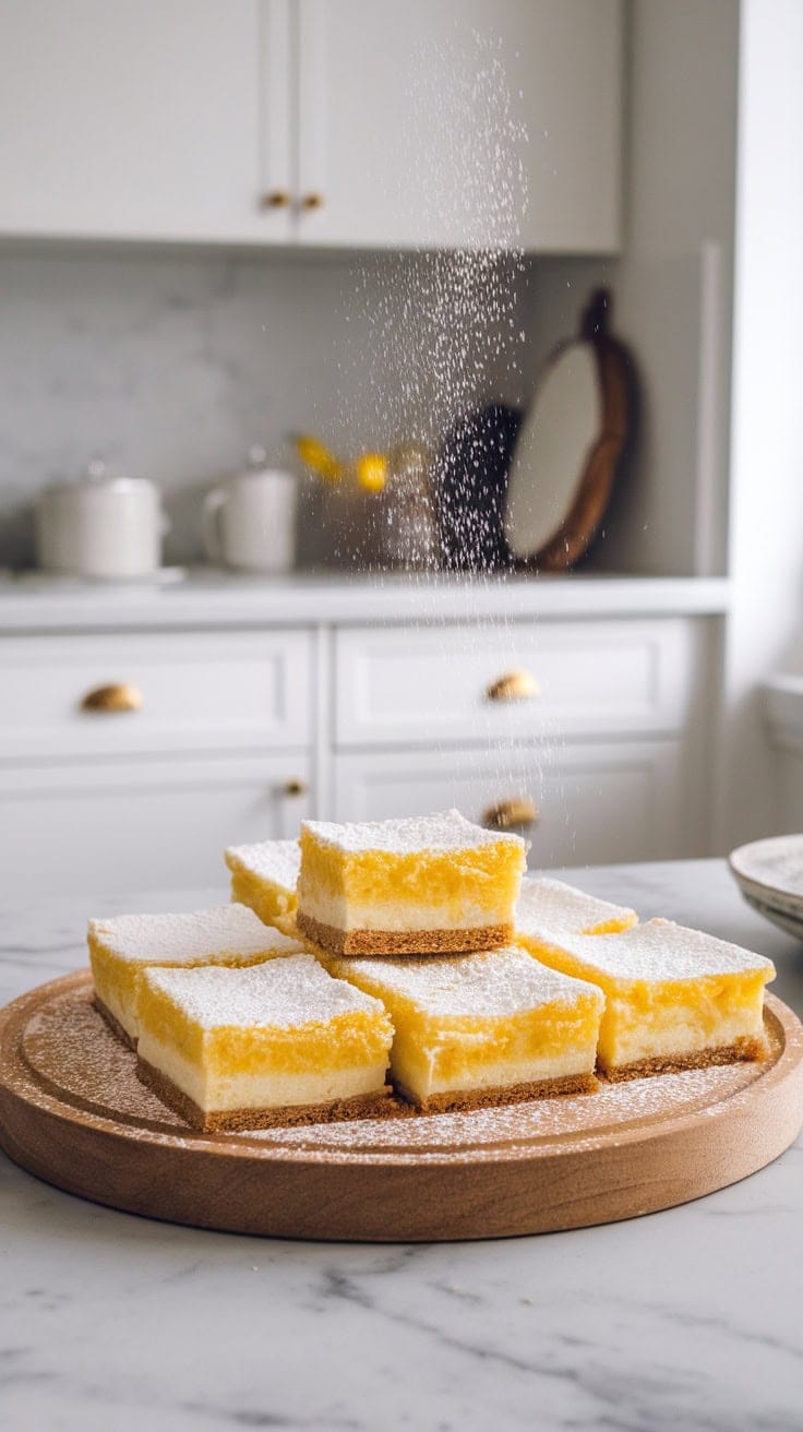 A plate of Meyer lemon bars dusted with powdered sugar, showcasing their bright yellow filling and golden crust.