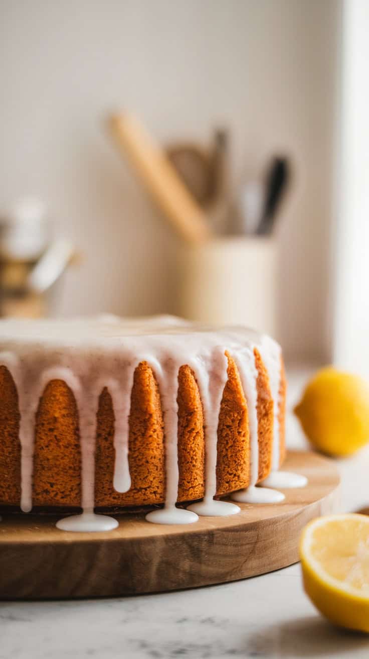 Meyer lemon cake with glaze and fresh lemons