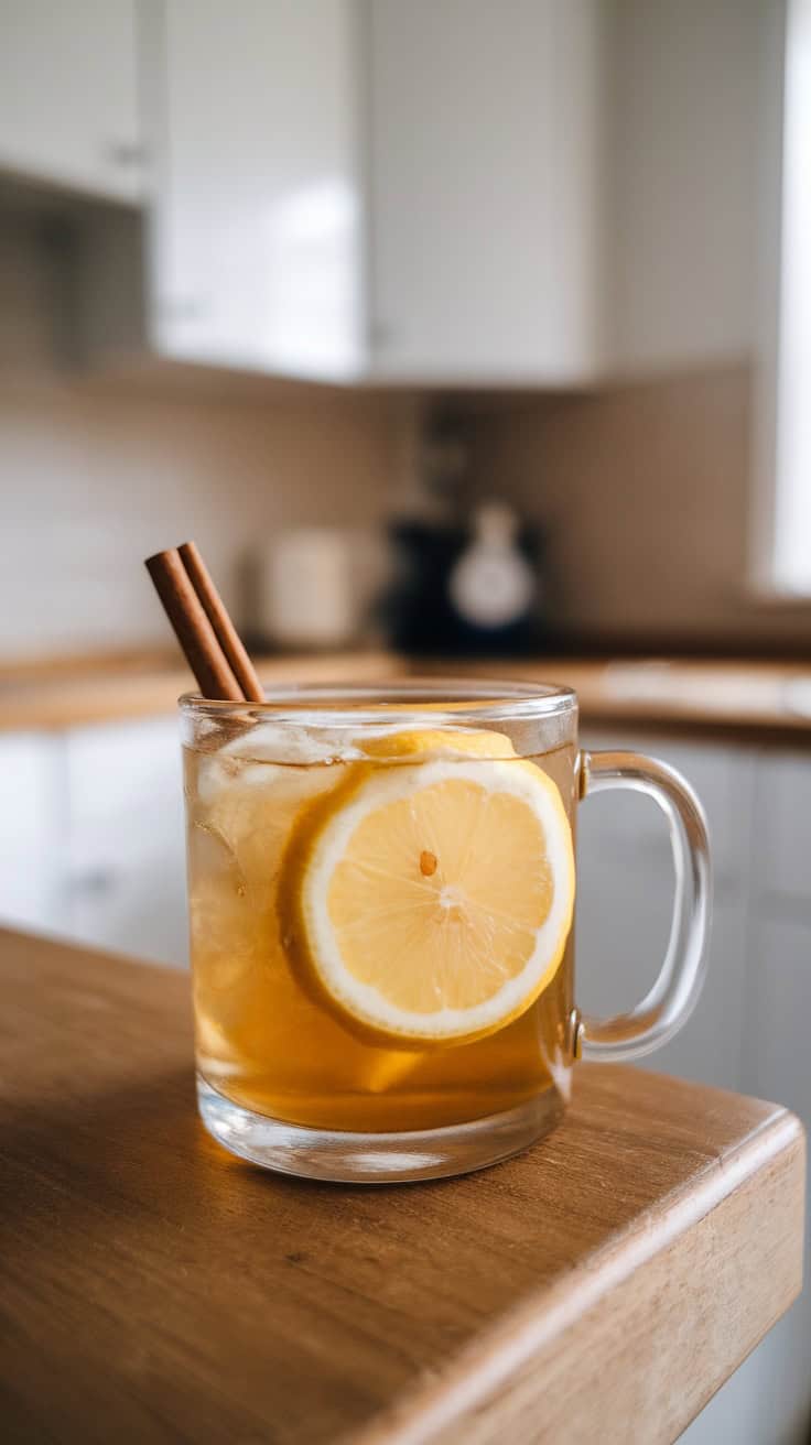 A glass of Meyer Lemon Hot Toddy with a lemon slice and cinnamon stick