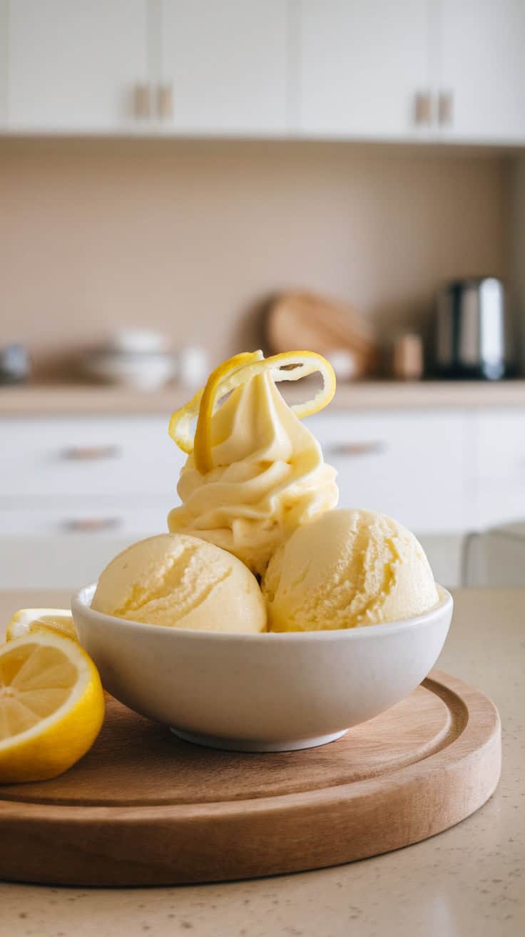 Bowl of Meyer lemon gelato with lemon slices on a wooden board