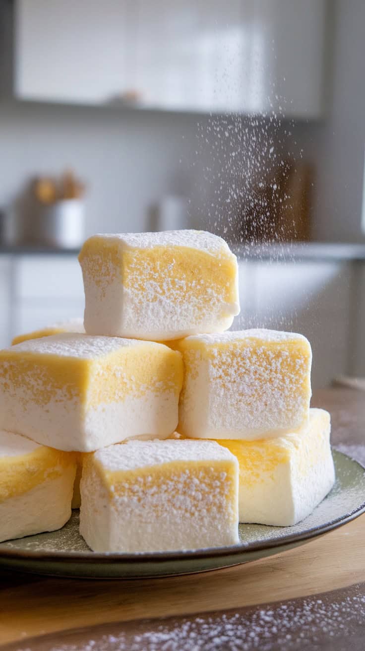 A plate of Meyer lemon marshmallows dusted with powdered sugar, showing a soft and fluffy texture.