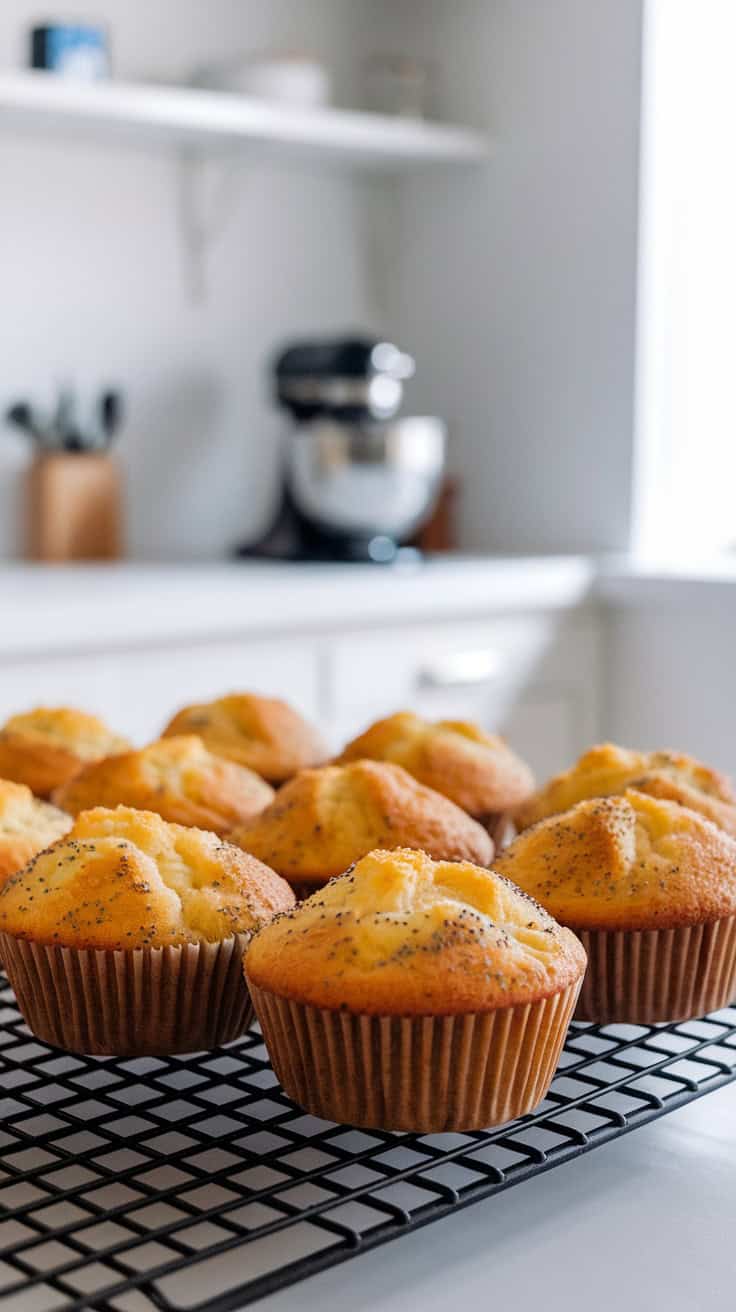 Freshly baked Meyer lemon poppy seed muffins cooling on a rack.