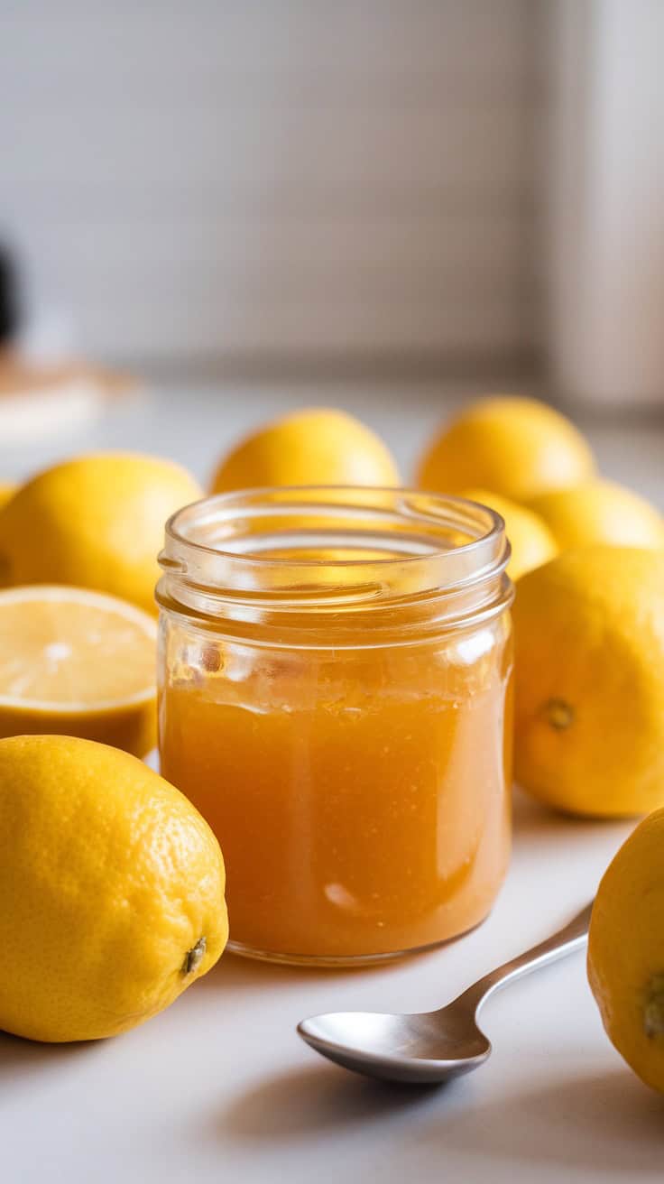A jar of Meyer lemon marmalade surrounded by fresh Meyer lemons