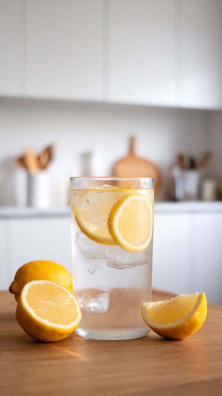 A glass of sparkling water with slices of Meyer lemon and whole lemons on a wooden table.