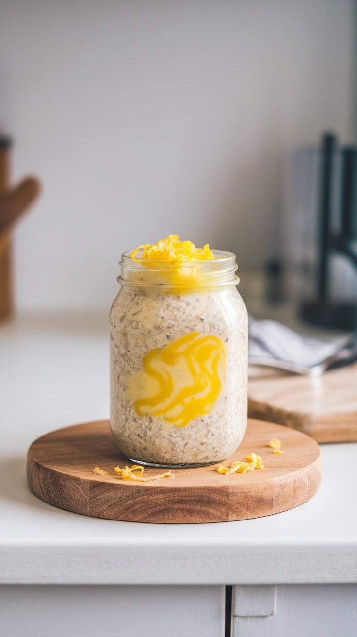 A jar of lemon curd overnight oats topped with lemon zest.