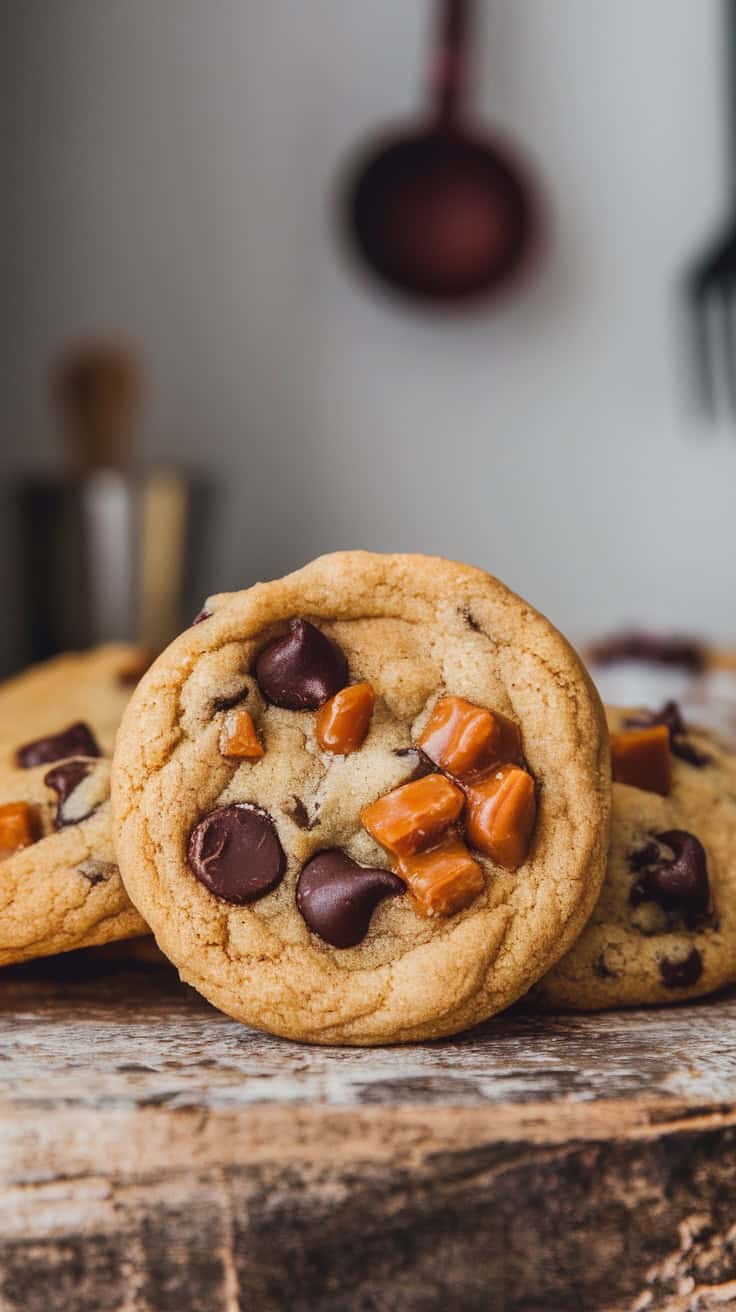 Close-up of Coffee Toffee Chocolate Chip Cookies on a wooden surface