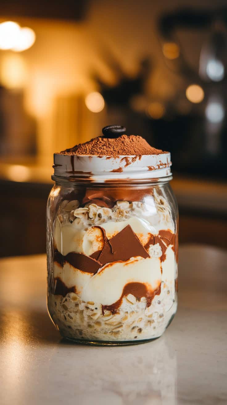 A jar of tiramisu overnight oats topped with cocoa powder and a coffee bean.