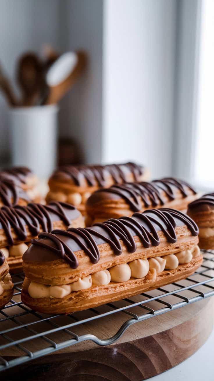 A close-up of coffee éclairs drizzled with chocolate on a cooling rack.