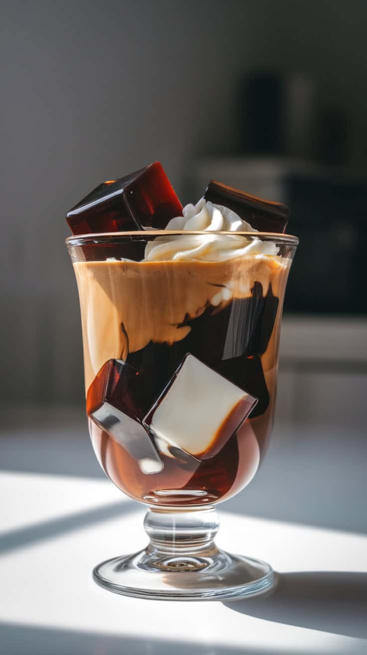 A glass of Japanese coffee jelly with whipped cream on top