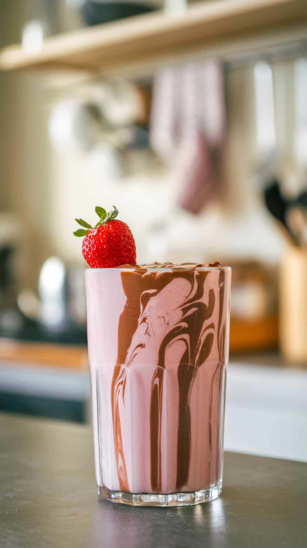 A glass of chocolate covered strawberry protein shake with a strawberry on top.
