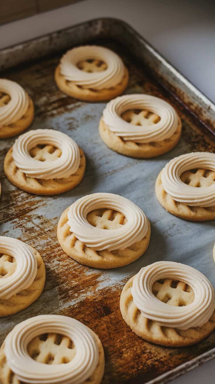 Freshly baked coffee sugar cookies with vanilla bean buttercream on a baking tray