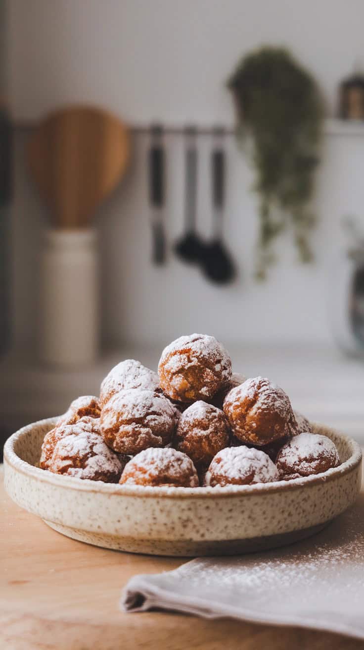 A plate of round, powdered sugar-dusted almond bites.