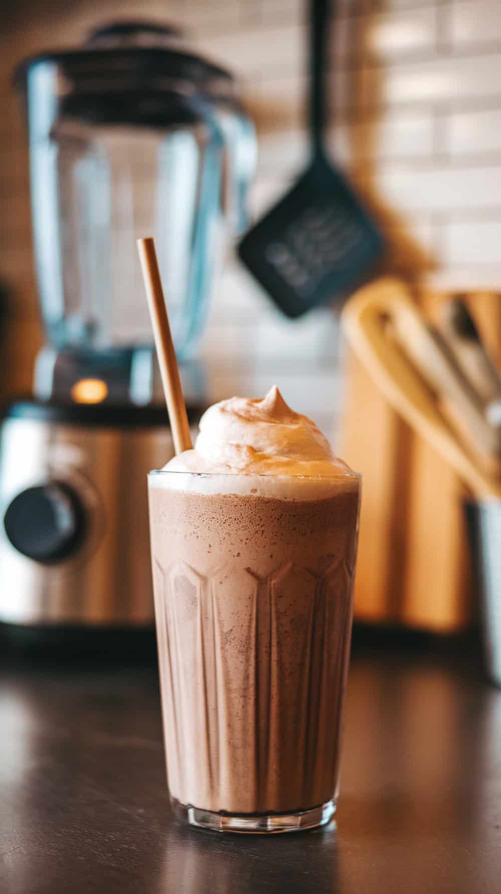 A tall glass of chocolate milkshake topped with whipped cream and a straw.