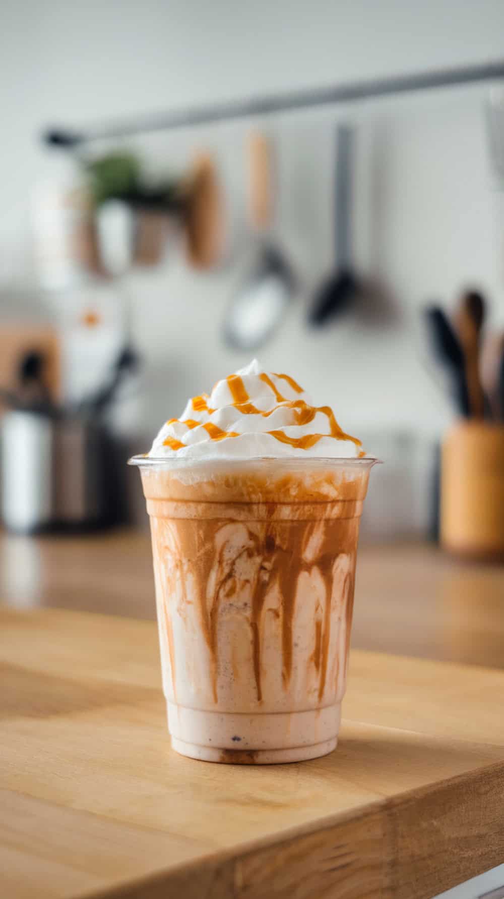 Toasted White Chocolate Frappuccino in a clear cup on a wooden table.