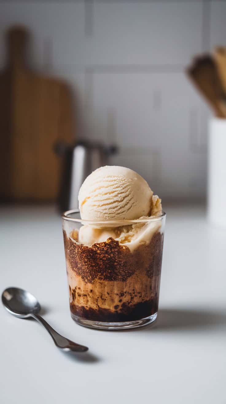 Espresso granita served with vanilla ice cream in a glass