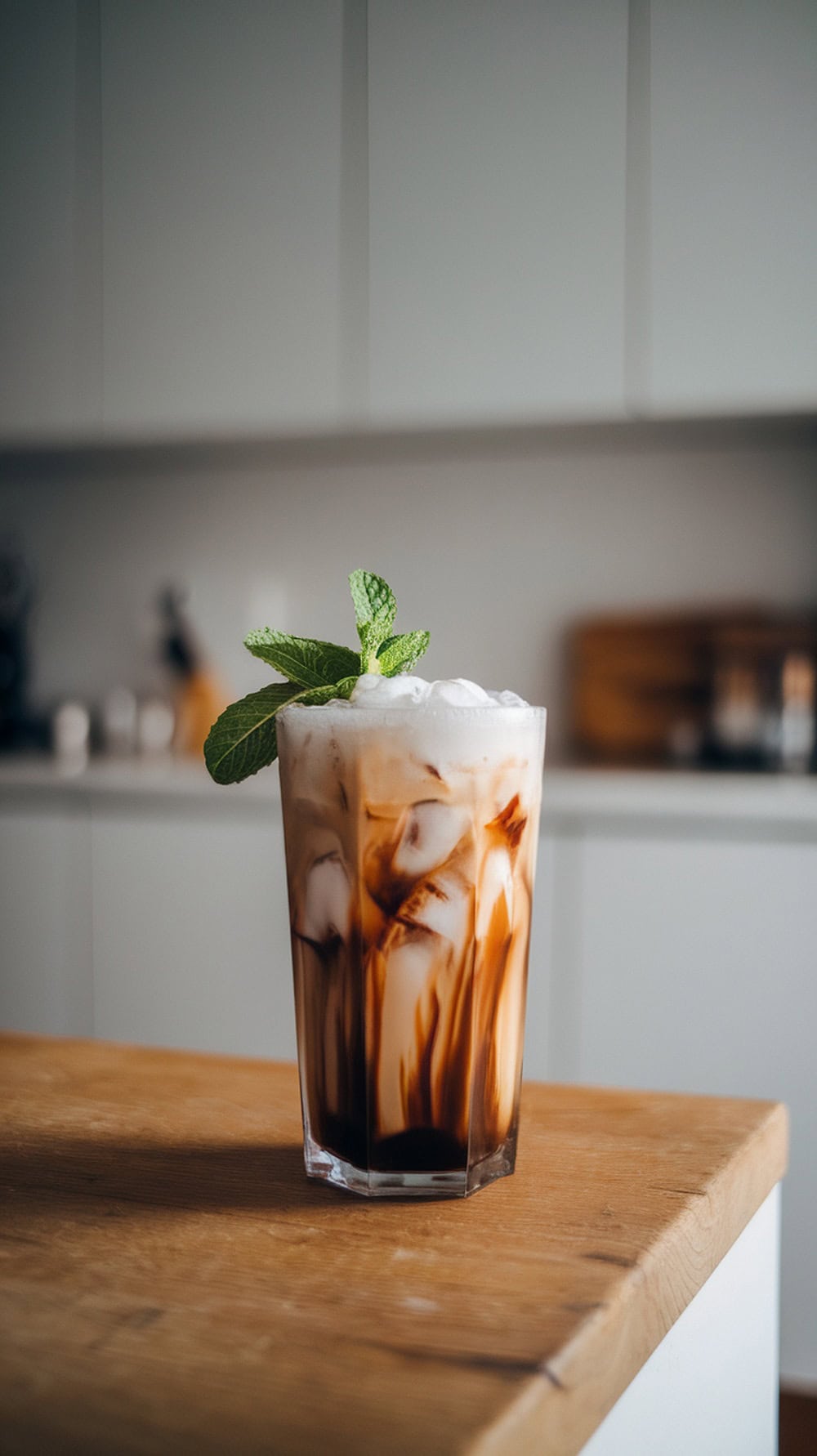 A glass of Mint Chocolate Cold Brew garnished with mint leaves.