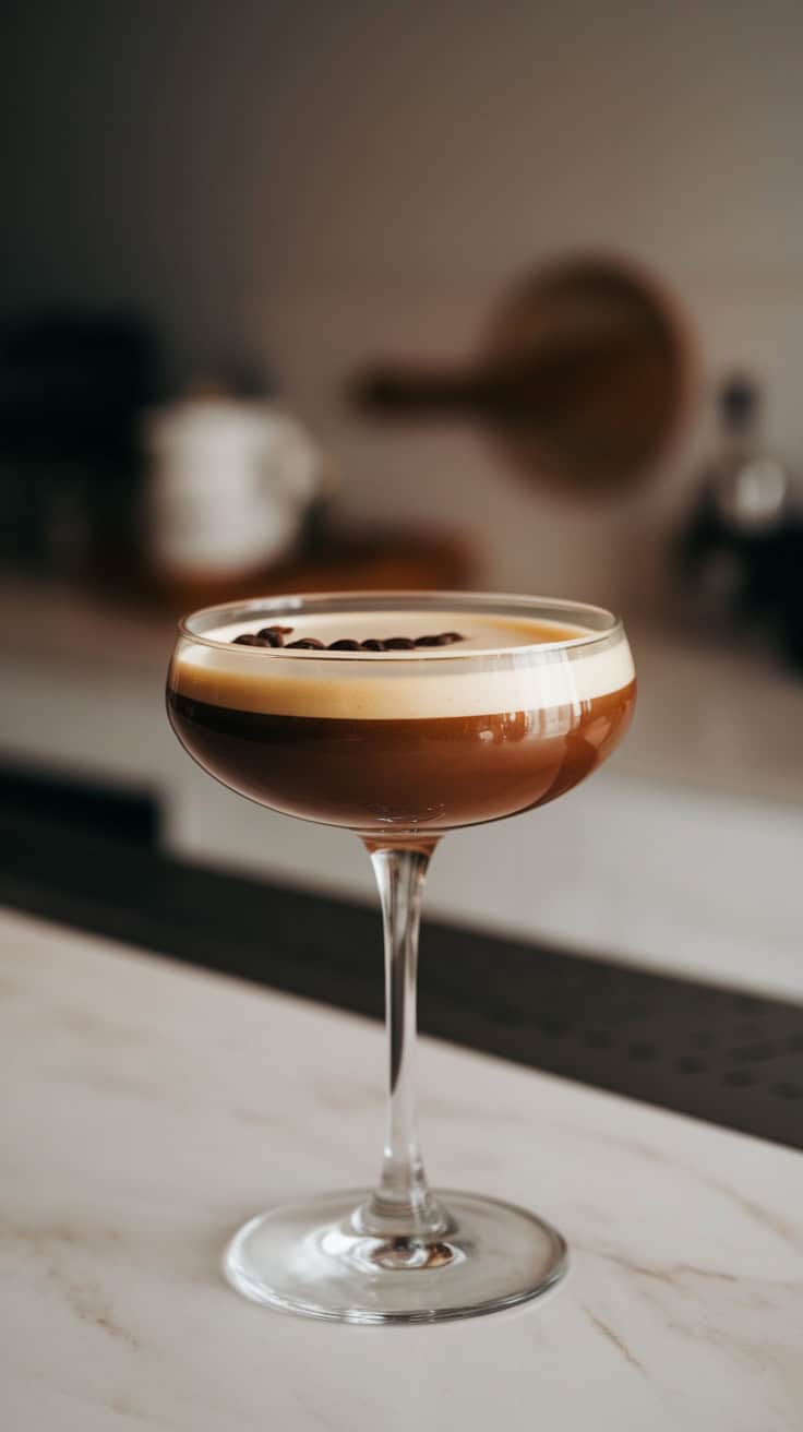 A beautifully crafted Creamy Vanilla Espresso Martini in a stylish glass, garnished with coffee beans.