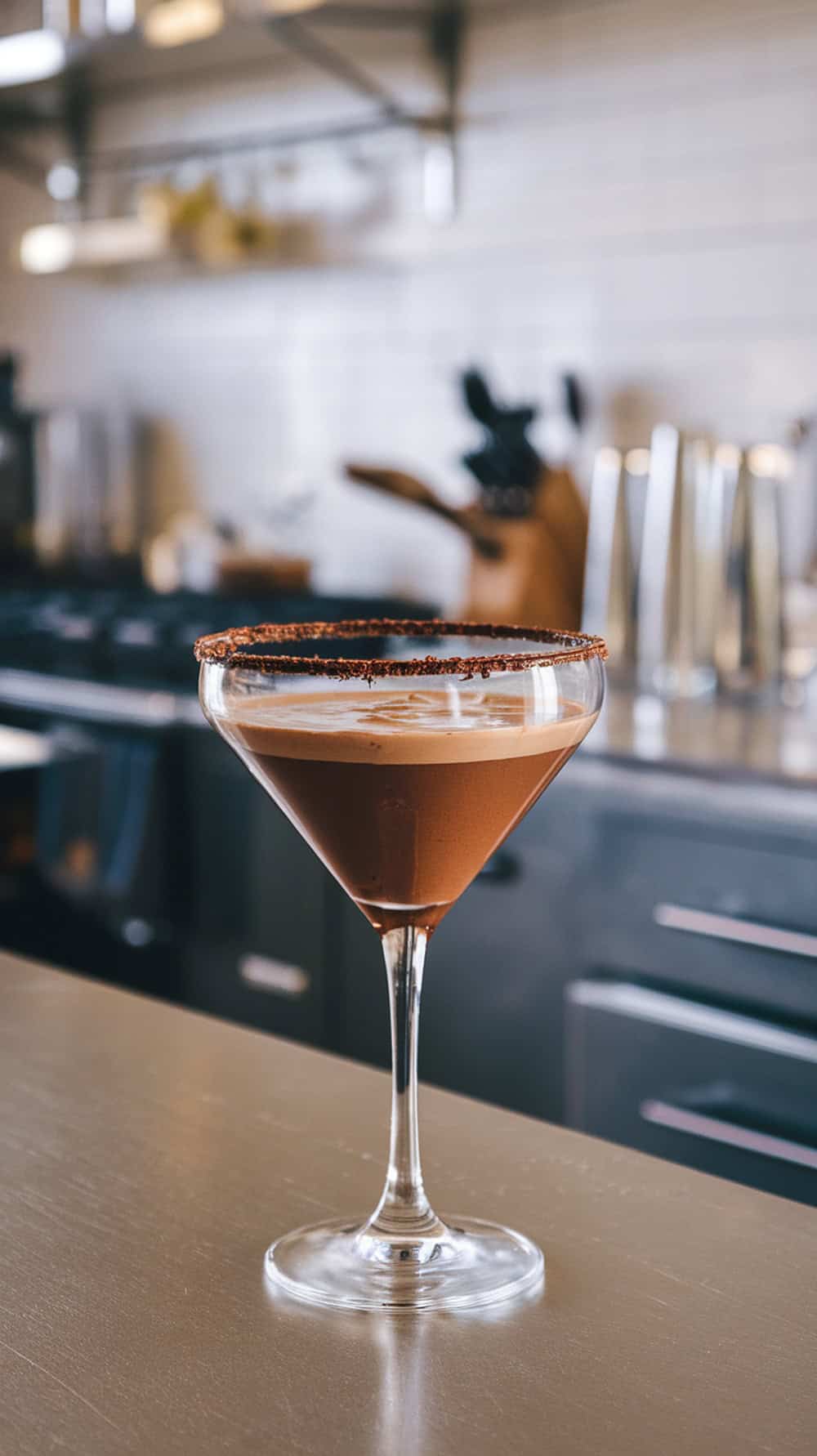 A chocolate martini garnished with chocolate sprinkles, placed on a bar counter.