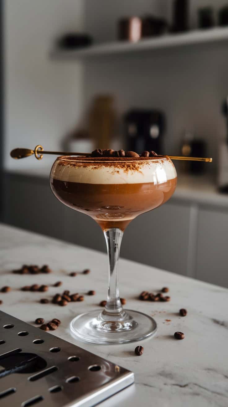 A Tiramisu Coffee Martini garnished with cocoa powder and coffee beans.