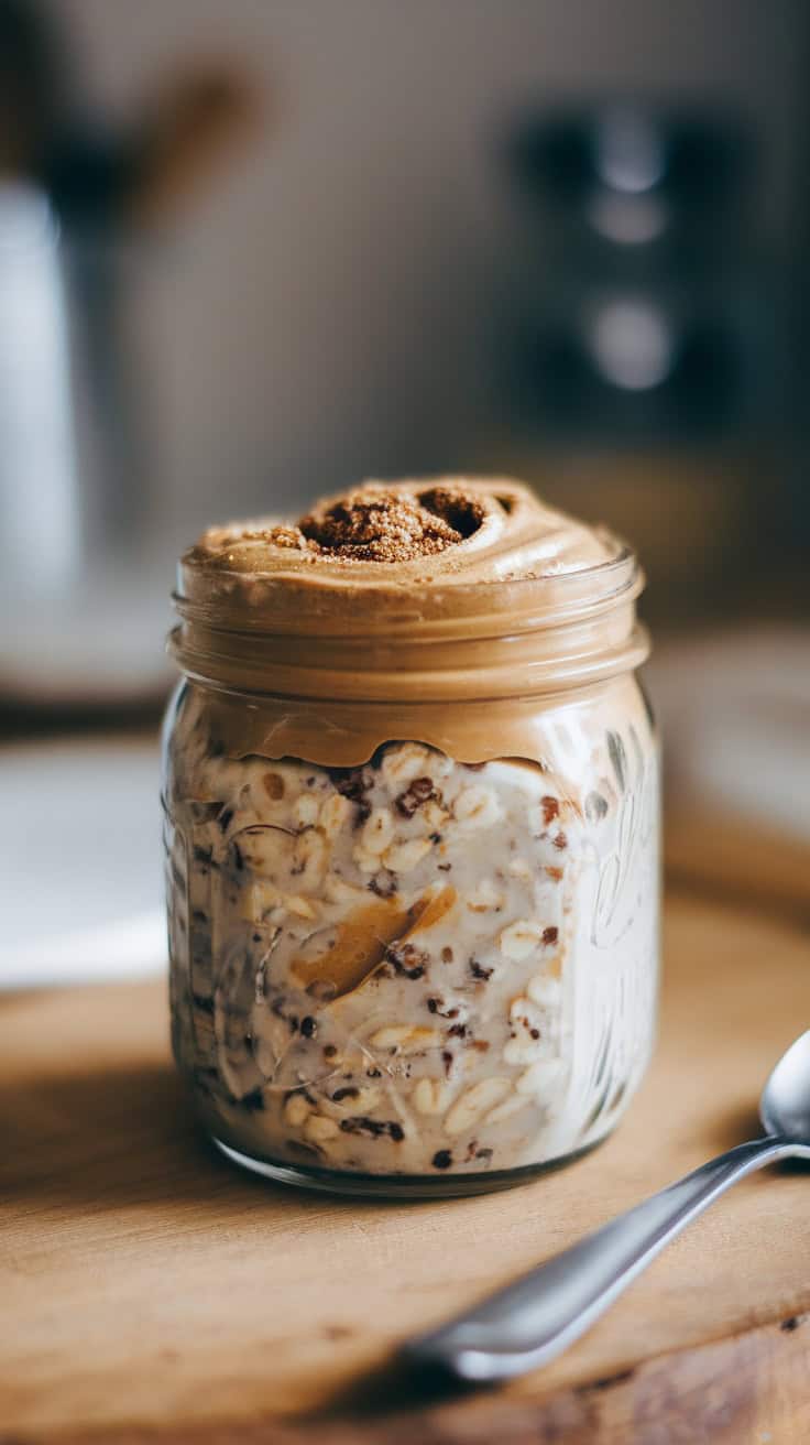 A jar of Brown Sugar Shaken Espresso Overnight Oats topped with brown sugar.