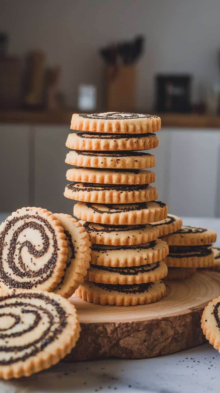 Stack of Black Sesame Espresso Pinwheel Shortbread Cookies on a wooden platter.
