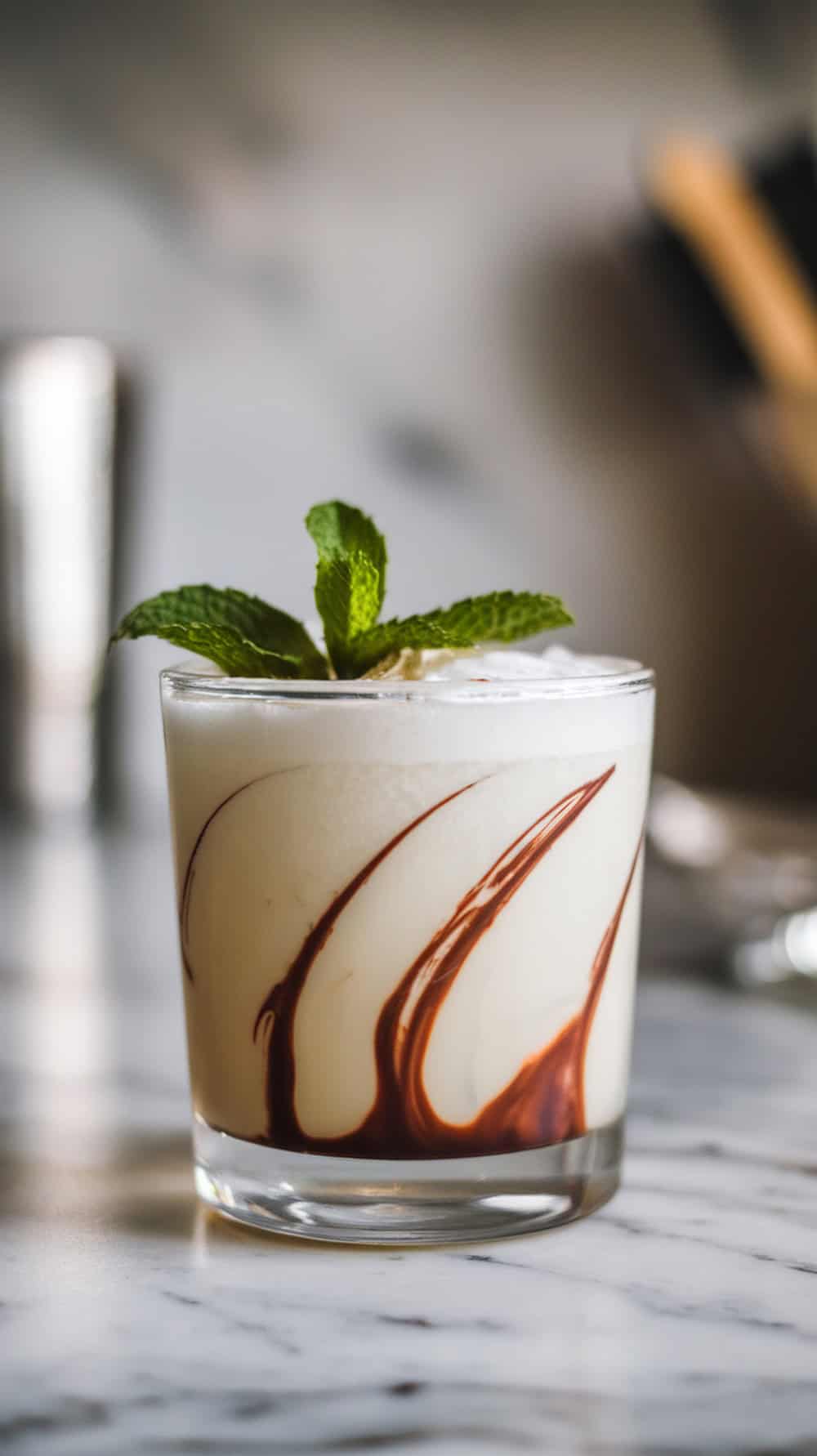 A Chocolate Mint White Russian cocktail with mint leaves on top.