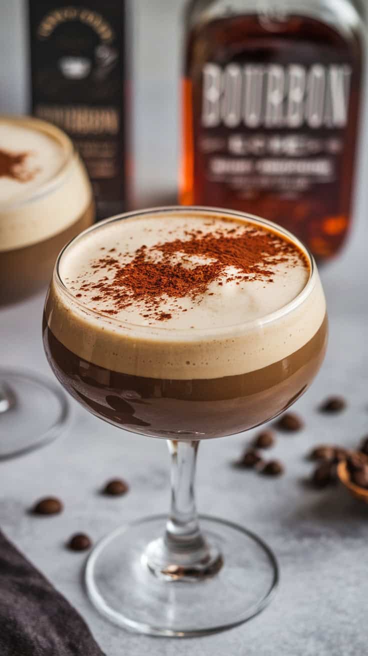 A cocktail featuring coffee and bourbon, topped with frothy cream and a dusting of cocoa, served in a stylish glass.