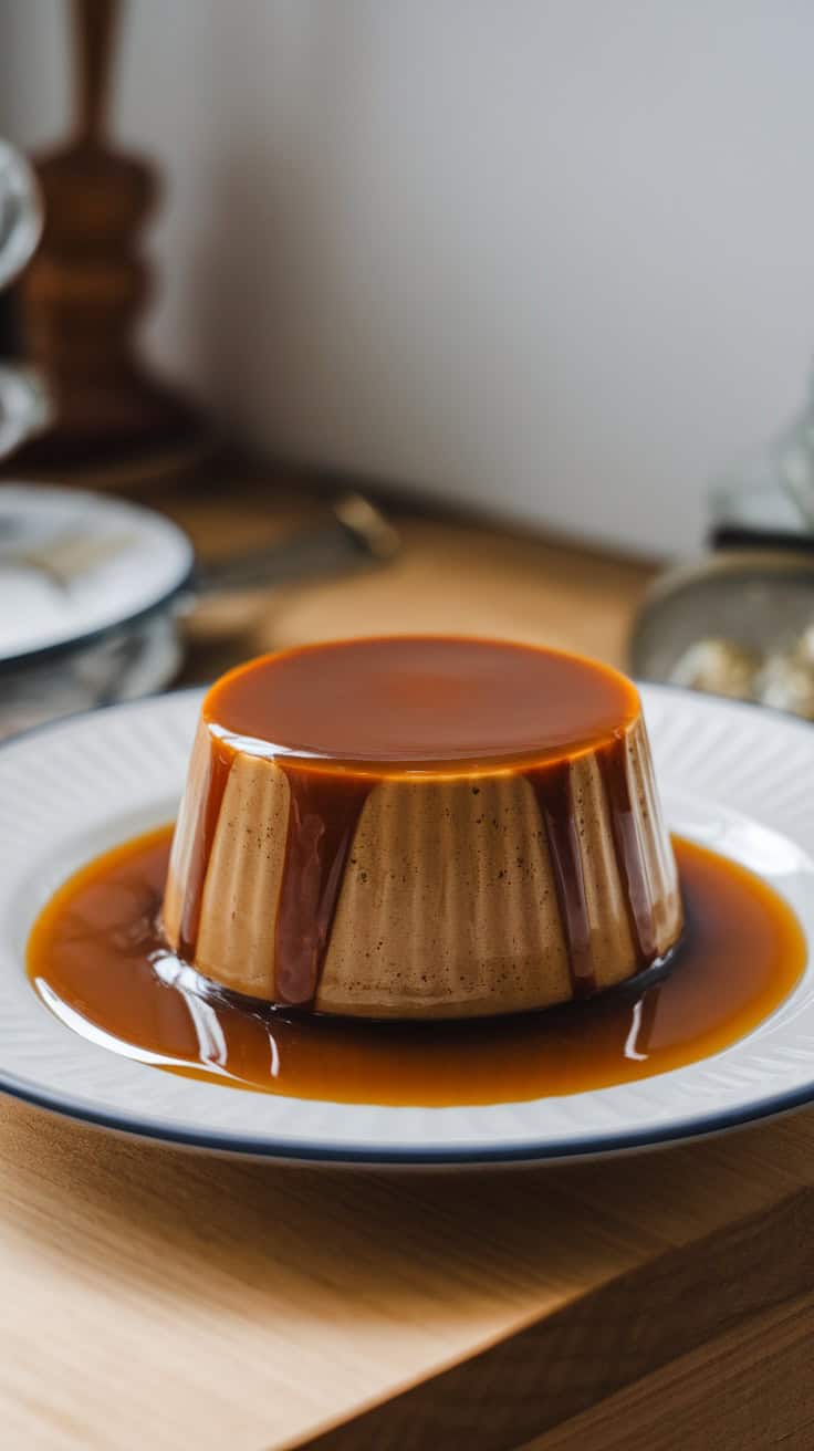 A beautifully plated coffee crème caramel flan with caramel sauce.