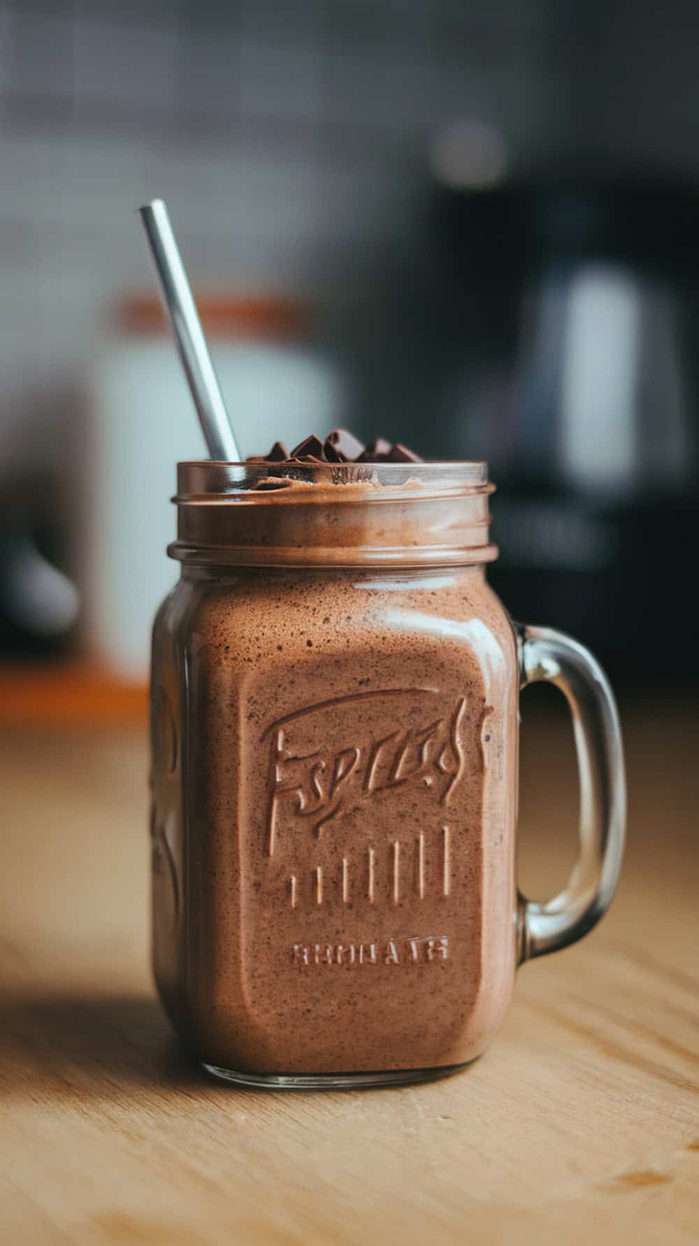 A mason jar filled with a rich chocolate smoothie topped with chocolate shavings and a straw.