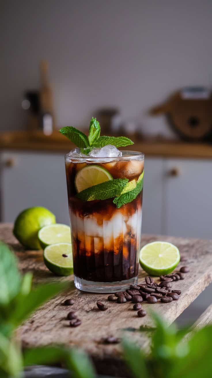 A refreshing Iced Coffee Mojito with mint leaves, lime slices, and coffee.