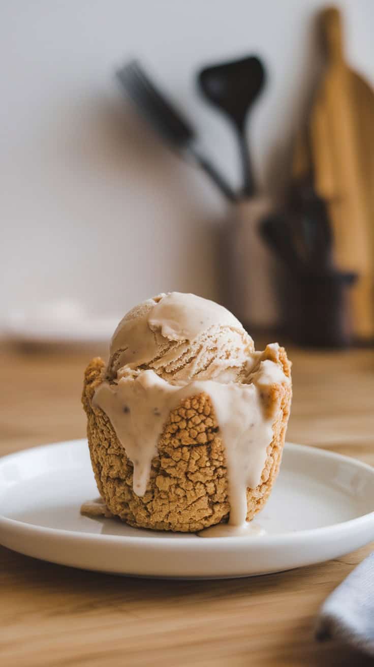 A cookie cup filled with ice cream and drizzled with coffee.