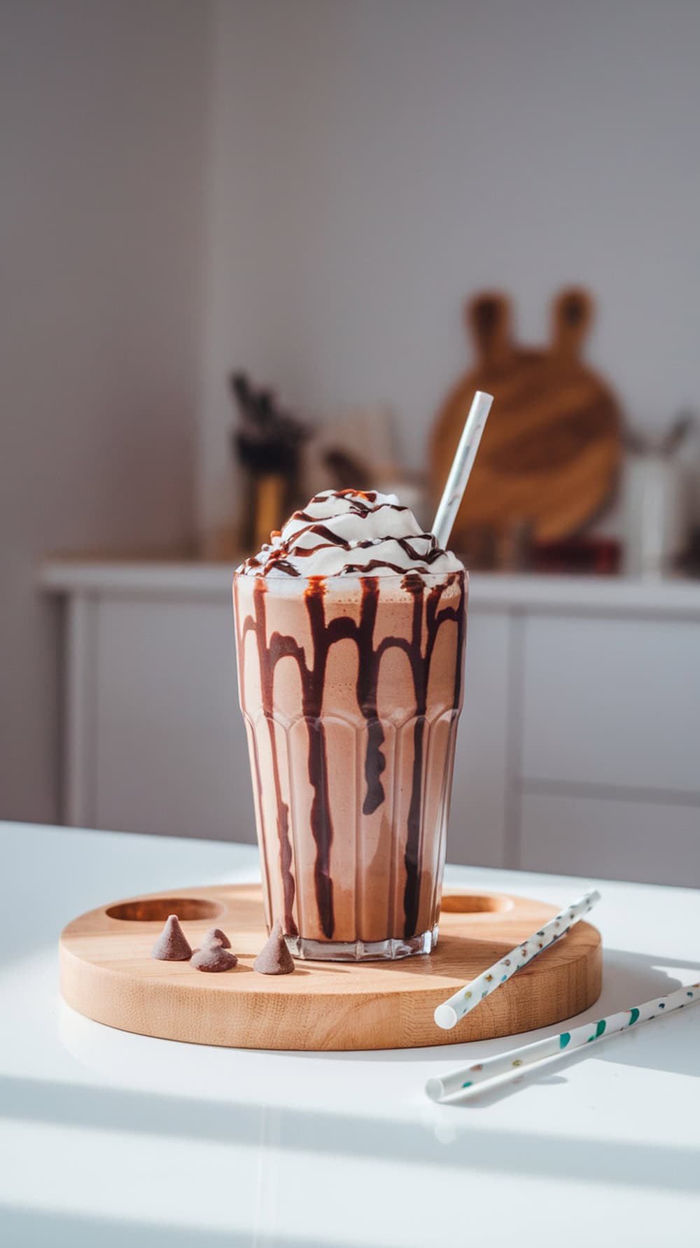 A delicious Double Chocolate Protein Shake topped with whipped cream and chocolate drizzle