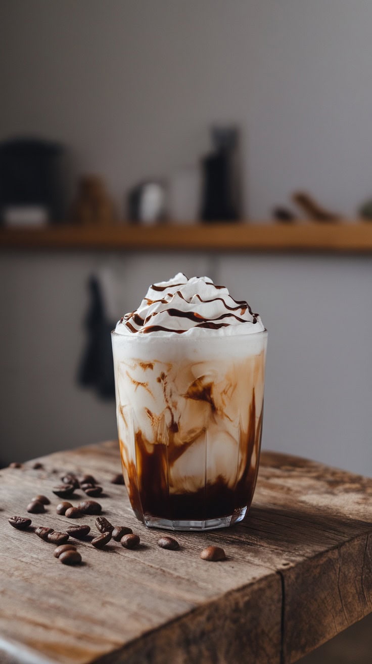 A delicious Irish Cream Cold Brew served in a glass with whipped cream and chocolate drizzle, placed on a wooden table with coffee beans.
