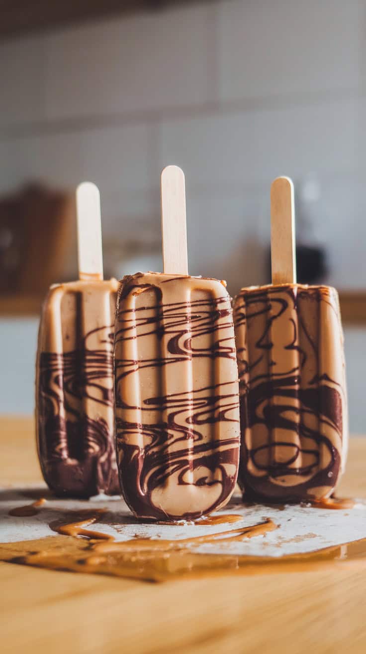 Three salted caramel mocha popsicles with chocolate swirls on a wooden table